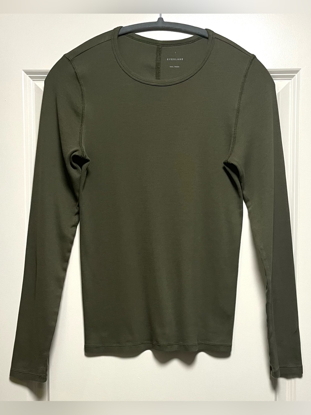 EUC Everlane Luxe Rib Long Sleeve Crew Neck Tee Supima Cotton Kalamata Olive L